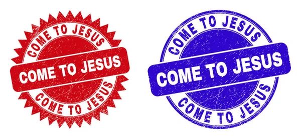 Przyjdź do Jezusa Okrągłe i Rozeta Znaczki z Scratched stylu — Wektor stockowy
