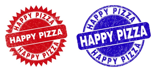 HAPPY PIZZA Marcas de água arredondadas e roseta com textura corrodada —  Vetores de Stock