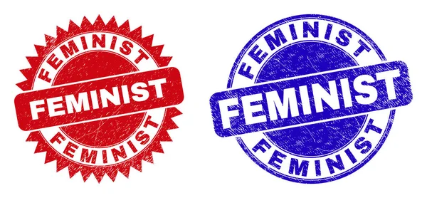 Selos redondos e roseta FEMINIST com textura corrodada —  Vetores de Stock