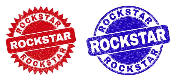 Sellos redondos ROCKSTAR y sellos Rosette con superficie rechinada — Vector de stock