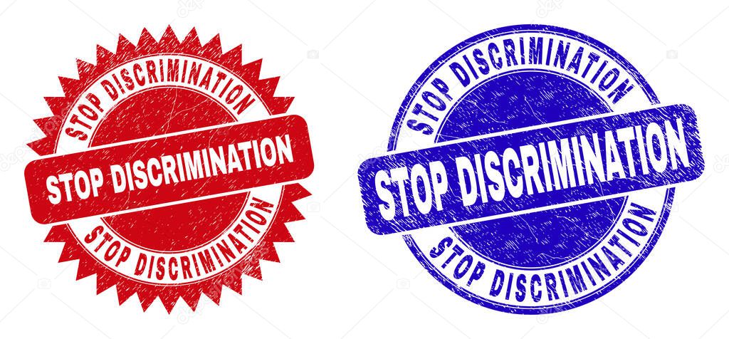 STOP DISCRIMINATION Rounded and Rosette Watermarks with Grunged Surface