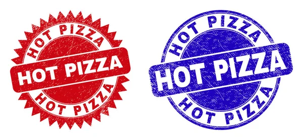 HOT PIZZA redondo e roseta selos com textura impuro —  Vetores de Stock