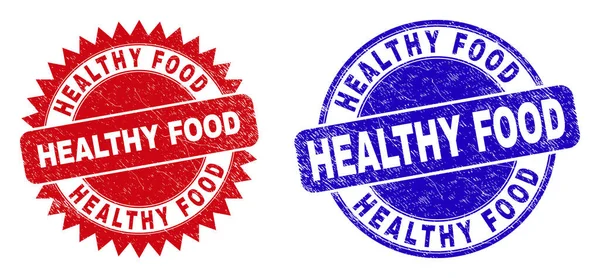 HEALTHY FOOD Round and Rosette Stamp Seals with Grunge Style — Stock Vector