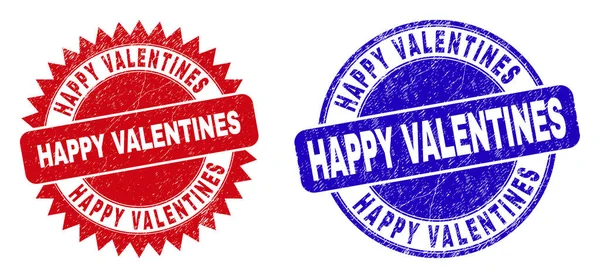 HAPPY VALENTINES Ronde en Rosette Watermerken met geschraapt oppervlak — Stockvector