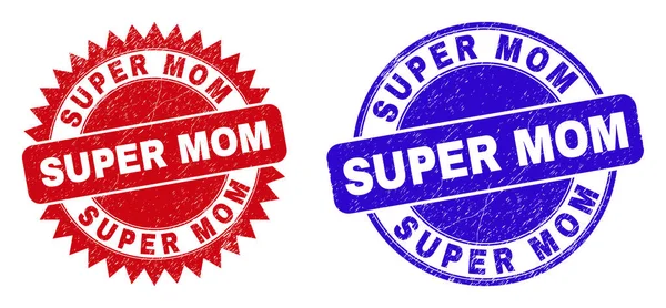 SUPER MOM carimbos redondos e roseta com superfície Grunged — Vetor de Stock