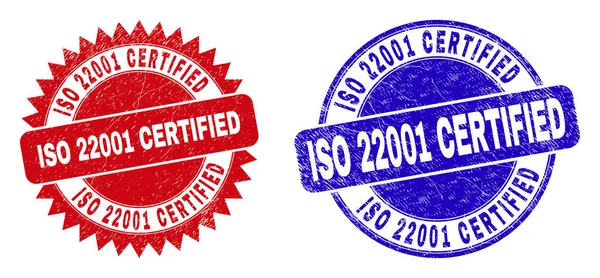 Selos de carimbo redondo e roseta CERTIFICADOS ISO 22001 com textura imunda — Vetor de Stock