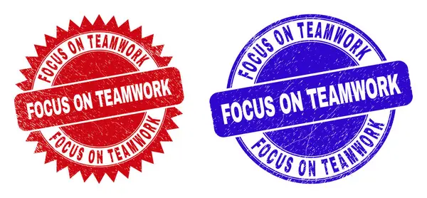 FOCUS ON TEAMWORK Rounded and Rosette Stamps with Rubber Texture — Stock Vector