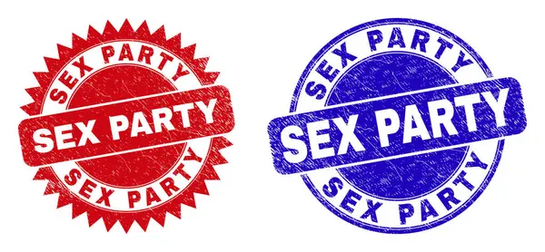 SEX PARTY Afgeronde en Rosette postzegels met Grunged Surface — Stockvector