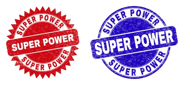 SUPER POWER Ronde en Rosette Seals met Grunged Texture — Stockvector