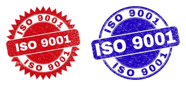 Sellos de sello redondos y rosetas ISO 9001 con textura grunge — Archivo Imágenes Vectoriales