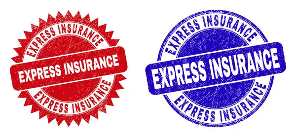 EXPRESS INSURANCE Zaoblené a Rosette pečetě s nečistým stylem — Stockový vektor