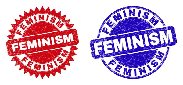 FEMINISM Rounded and Rosette Stamp Seals with Grunged Surface — стоковий вектор