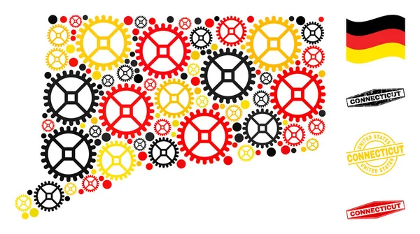 Mapa del estado de Connecticut de Collage de engranajes en colores de bandera alemana y sellos grunge — Archivo Imágenes Vectoriales