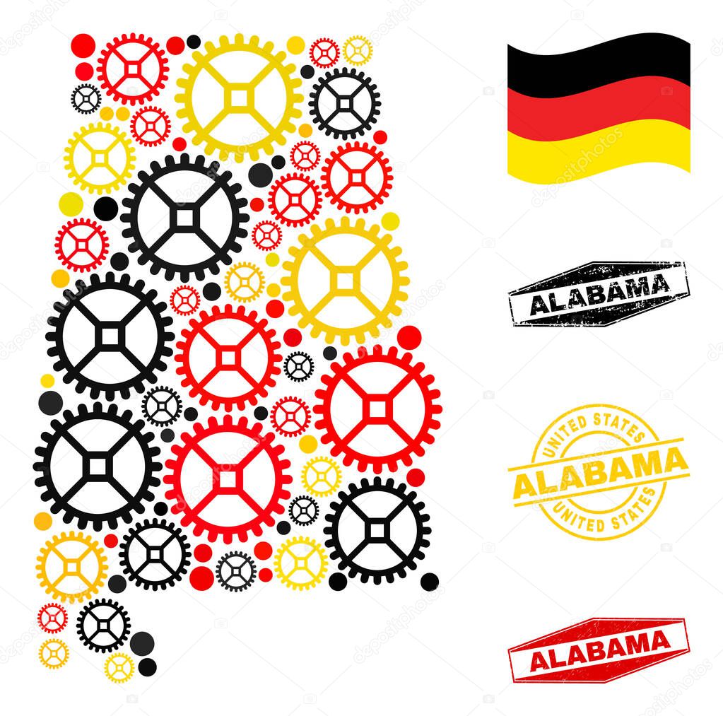 Gear Collage Alabama State Map in German Flag Colors and Grunge Stamps