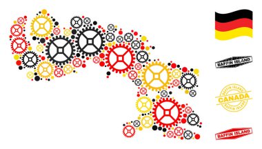 Alman Bayrak Renkleri ve Grunge Pullarıyla Endüstriyel Mozaik Baffin Adası Haritası