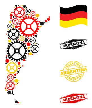 Mekanik Kolajı Alman Bayrak Renkleri ve Grunge Mühürleriyle Arjantin Haritası