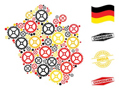 Sanayi Kompozisyonu Chandigarh Şehir Haritası Alman Bayrak Renkleri ve Grunge Pulları