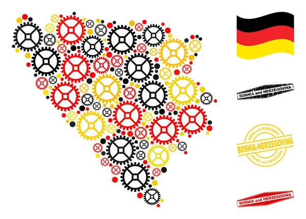 Composición de Ruedas Bosnia y Herzegovina Mapa en Bandera Alemana Colores y Grunge Sellos — Archivo Imágenes Vectoriales