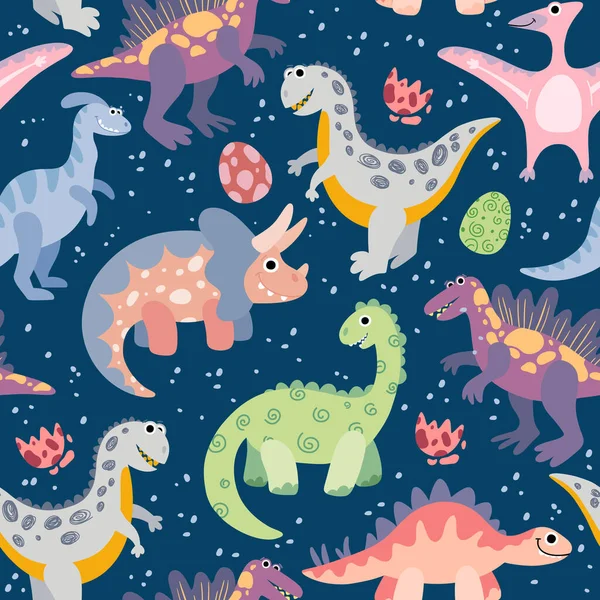 Απρόσκοπτη μοτίβο με χαριτωμένο δεινόσαυροι κινουμένων σχεδίων. — Διανυσματικό Αρχείο