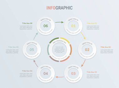 Klasik zaman çizgisi bilgi tasarım vektörü. 6 adım, yuvarlak iş akışı düzeni. Vektör bilgi zaman çizelgesi şablonu.