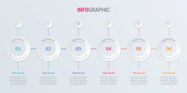 Soyut iş, 6 seçenekli bilgi şablonunu yuvarladı. Renkli diyagram, zaman çizelgesi ve zaman çizelgesi ışık arka planında izole edildi.