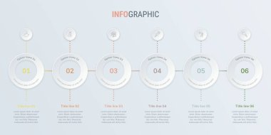 Soyut iş, 6 seçenekle birlikte klasik renklerle yuvarlak bilgi şablonu oluşturdu. Renkli diyagram, zaman çizelgesi ve zaman çizelgesi ışık arka planında izole edildi.