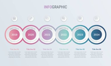 Soyut iş çevresi bilgi şablonu 6 adımlı klasik renklerde. Renkli diyagram, zaman çizelgesi ve zaman çizelgesi ışık arka planında izole edildi.