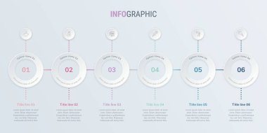 Soyut iş, 6 seçenekle birlikte klasik renklerle yuvarlak bilgi şablonu oluşturdu. Renkli diyagram, zaman çizelgesi ve zaman çizelgesi ışık arka planında izole edildi.