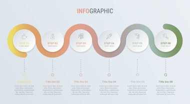 Zaman çizelgesi bilgi tasarım vektörü. 6 seçenek, daire iş akışı düzeni. Vintage renklerinde vektör bilgi zaman çizelgesi şablonu.
