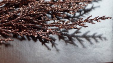 Noel boşluğu için kahverengi arka planda kahverengi yaldızlı bir dal.