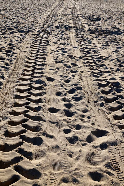 Güneş ışığında kumda SUV lastik izleri var..
