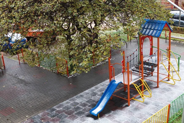 Empty Snow Covered Ice Covered Children Playground Top View — 图库照片