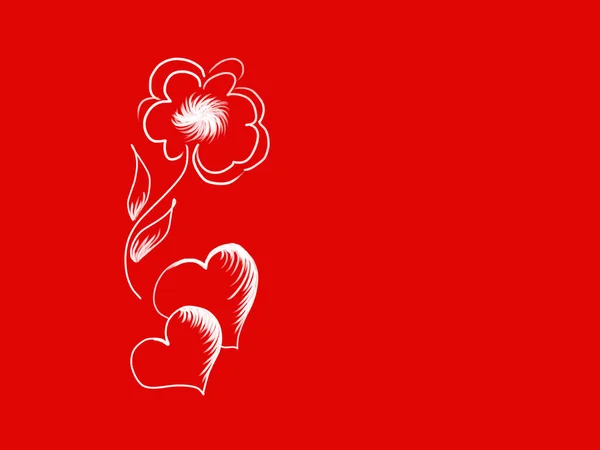 two hearts and a flower on a red background, copy space, blank for congratulations on valentine\'s day.
