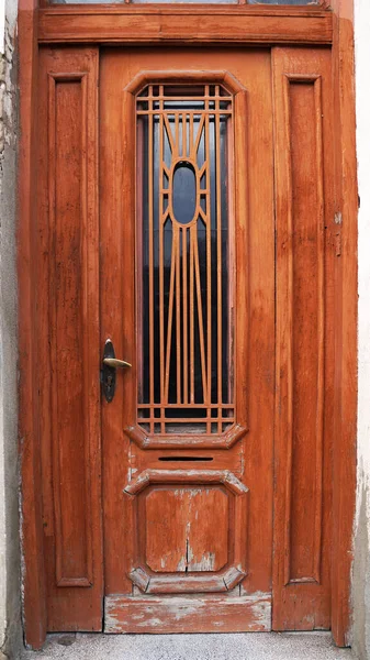 Entrada Vintage Puerta Marrón Madera Con Vidrio Cerca — Foto de Stock