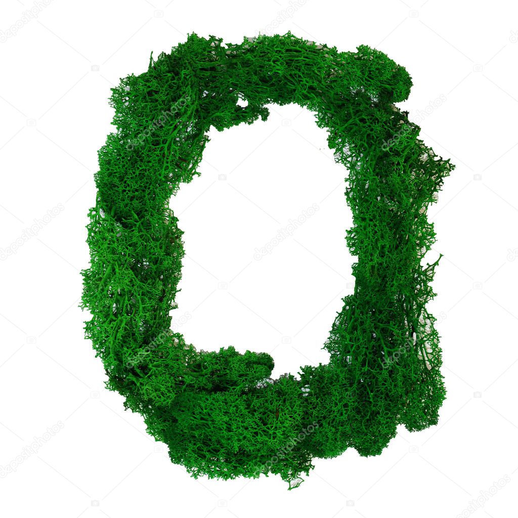 Letter O of the English alphabet made from green stabilized moss, isolated on white background.
