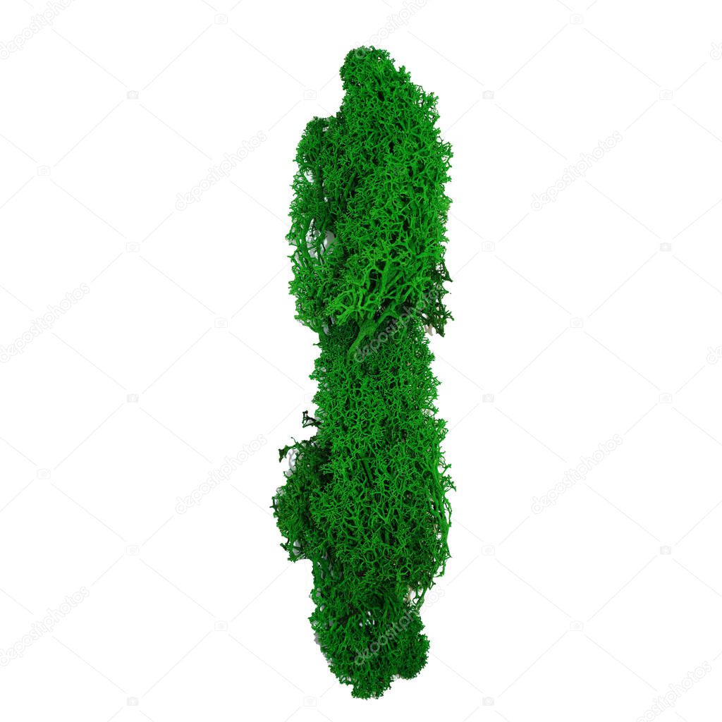 Letter I of the English alphabet made from green stabilized moss, isolated on white background.