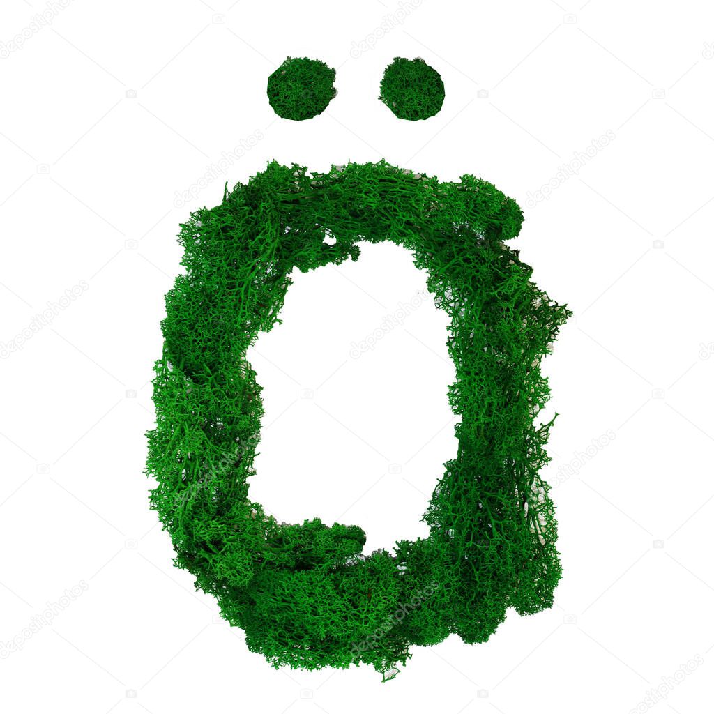 Letter O of the German alphabet made from green stabilized moss, isolated on white background.