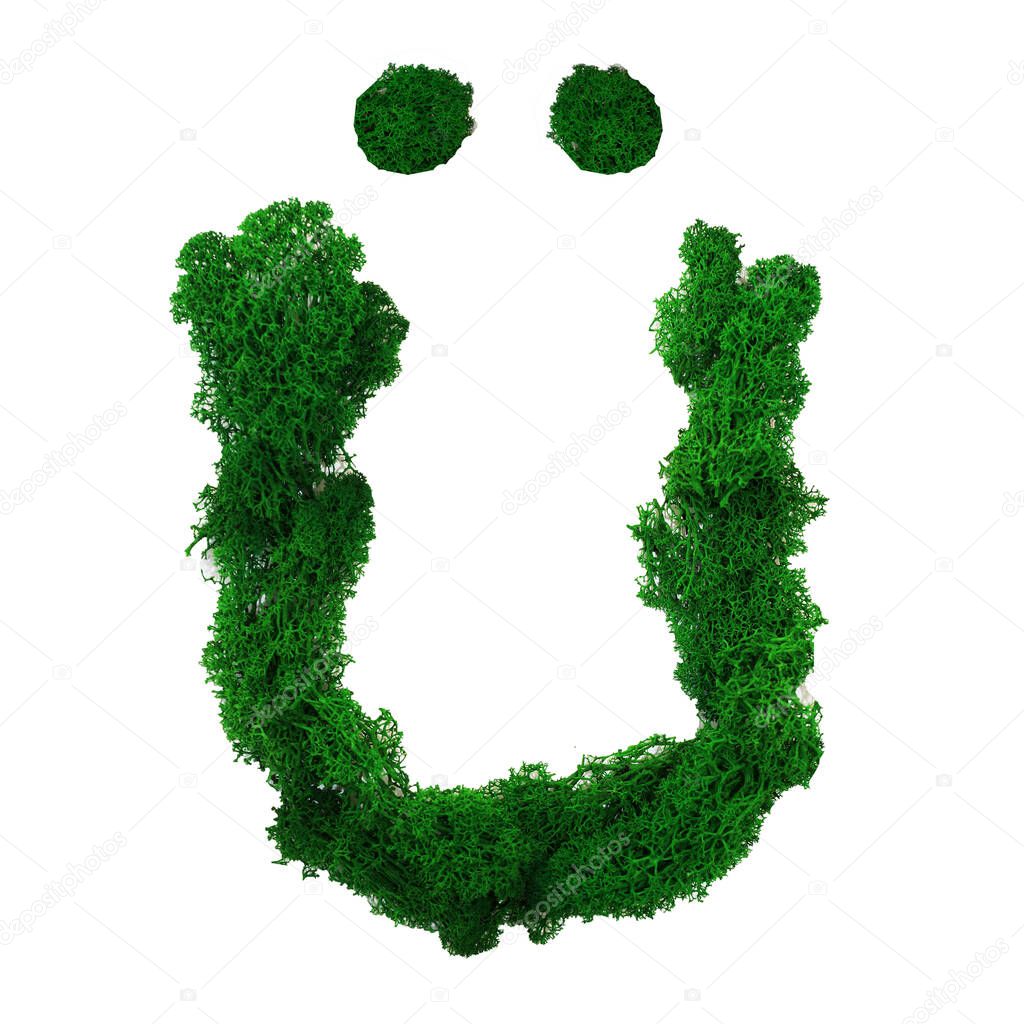 Letter U of the German alphabet made from green stabilized moss, isolated on white background.