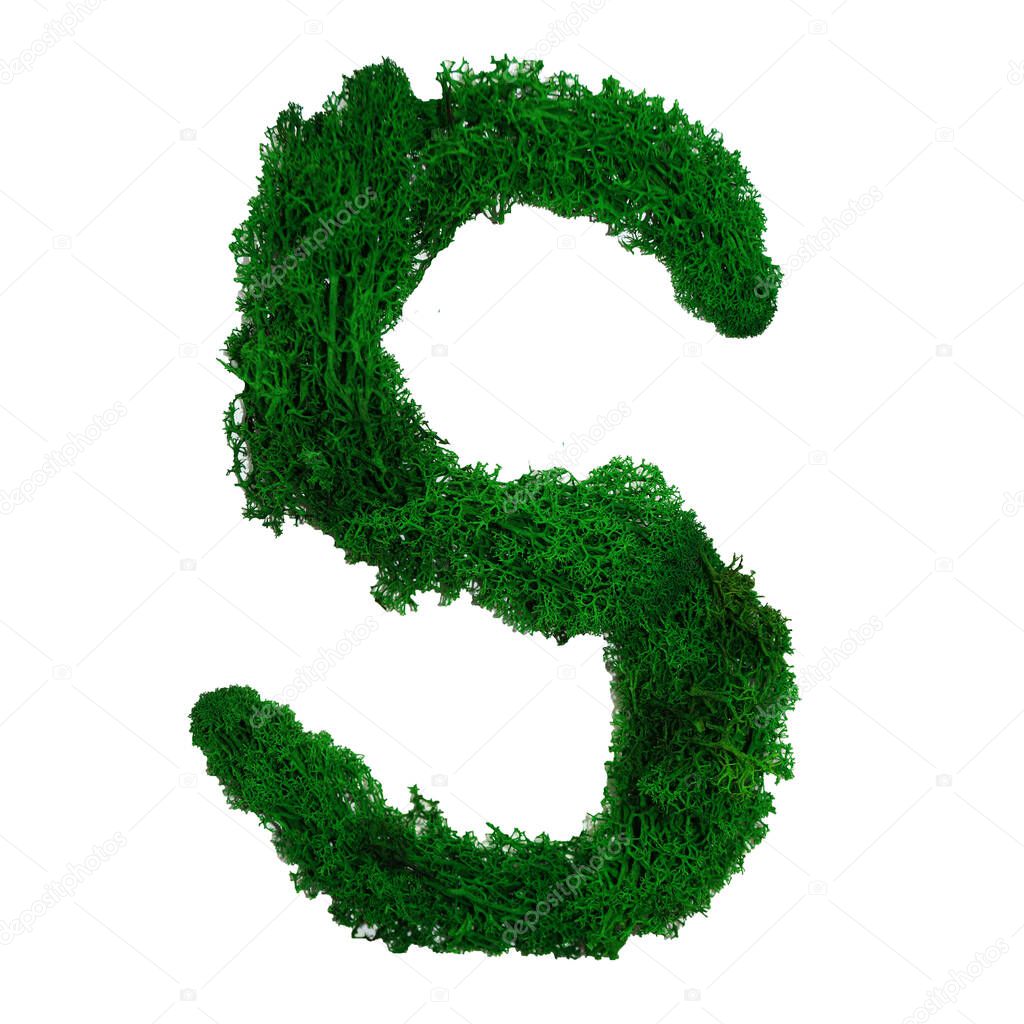 Letter S of the English alphabet made from green stabilized moss, isolated on white background.