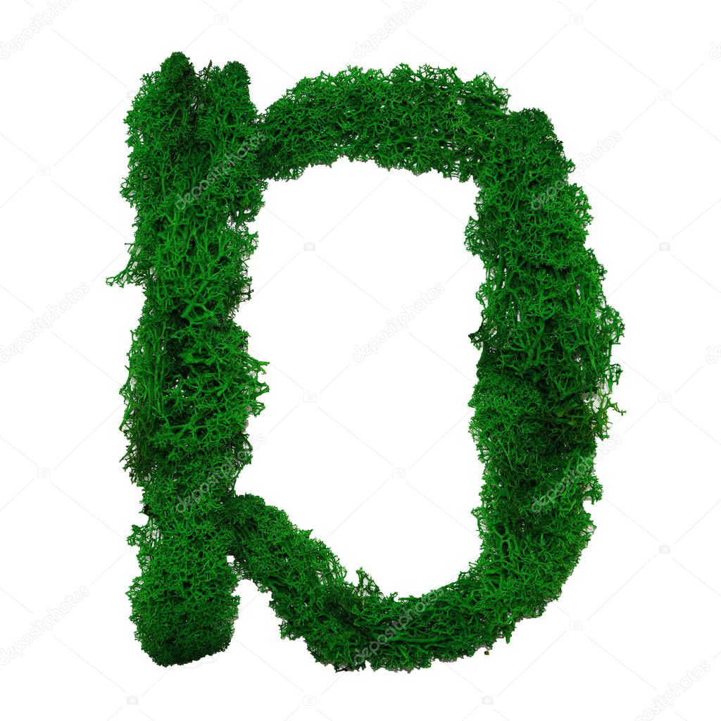 Letter D of the English alphabet made from green stabilized moss, isolated on white background.
