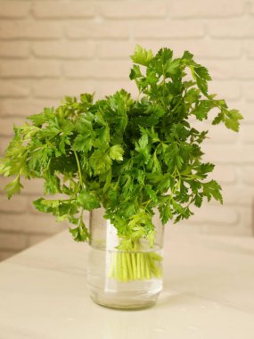 Mutfak masasındaki bir bardak suda taze maydanoz otları..