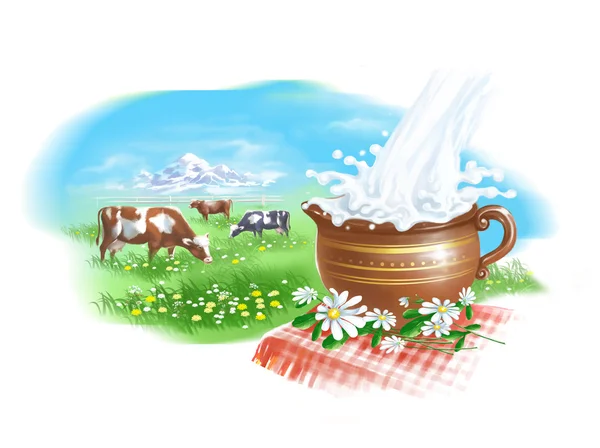 Keramikbecher mit Milch und drei Kühen, die auf einer Sommerwiese grasen. Digitale Illustration. — Stockfoto