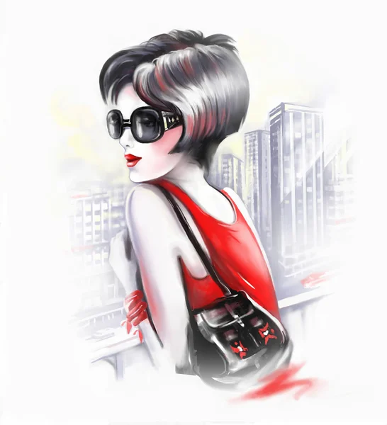 Fashionable glamor wanita merah di latar belakang kota. Ilustrasi digital . — Stok Foto