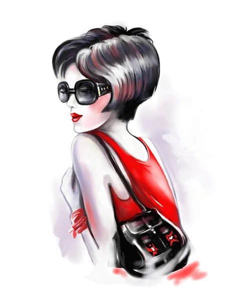 Fashionable glamor wanita dalam merah. Ilustrasi digital . — Stok Foto
