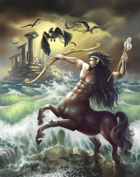Centaur fırtınalı deniz kenarında. Dijital sanat. Dijital boyama.