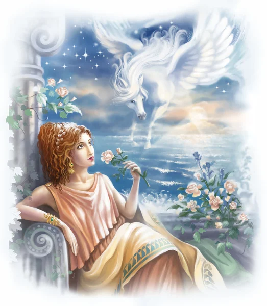 Woman of ancient Greece by the sea and Pegasus flying in the sky. — Stock Photo, Image