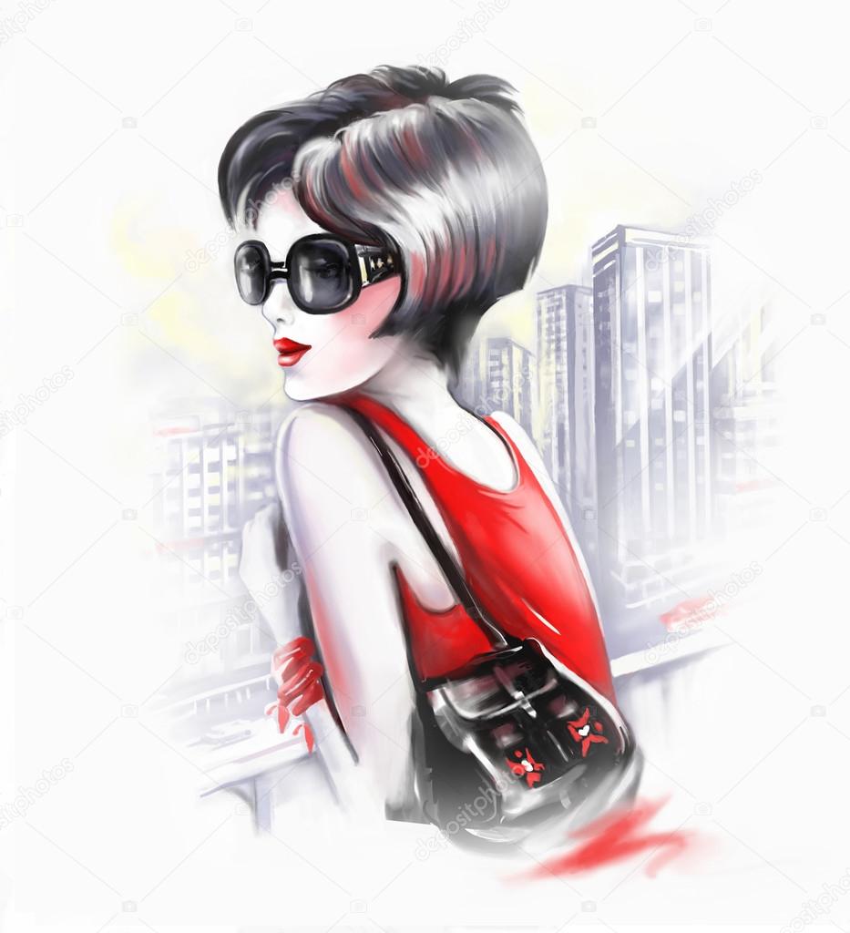 Fashionable glamorous woman in red on a background of city. Digital illustration.