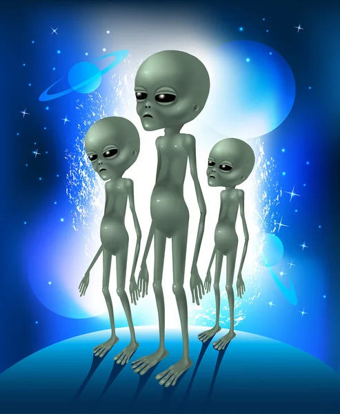 Šedý cizinců. Tři greeny cizinců na pozadí vesmíru planoucí oblohy. Vektorové ilustrace. — Stockový vektor