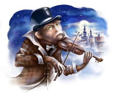 Monkey violinist in a checkered brown coat,  plays the violin in the sky of the night city.  clipart
