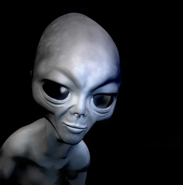 Grey realistic alien isolated on black background. 3D character. Digital illustration. — Stock Photo, Image